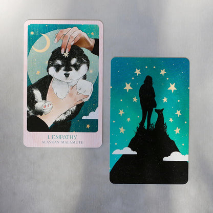 dog on tarot card of 1 empathy and back view of a card with a silhouette of a person and dog