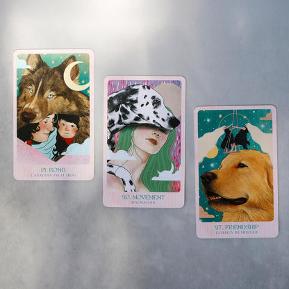 three cards with humans and dogs on each