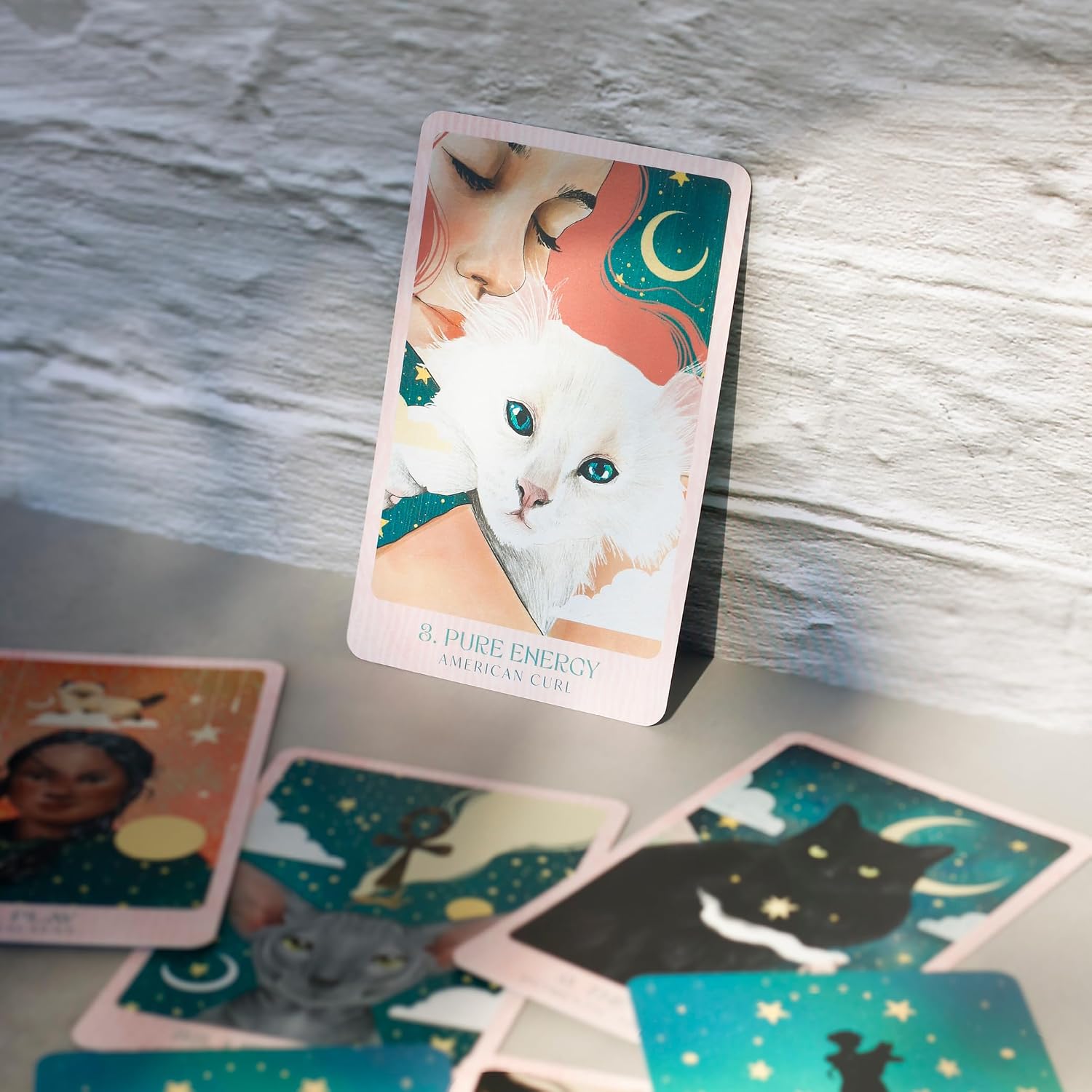 pure energy card woman with pink hair and white cat