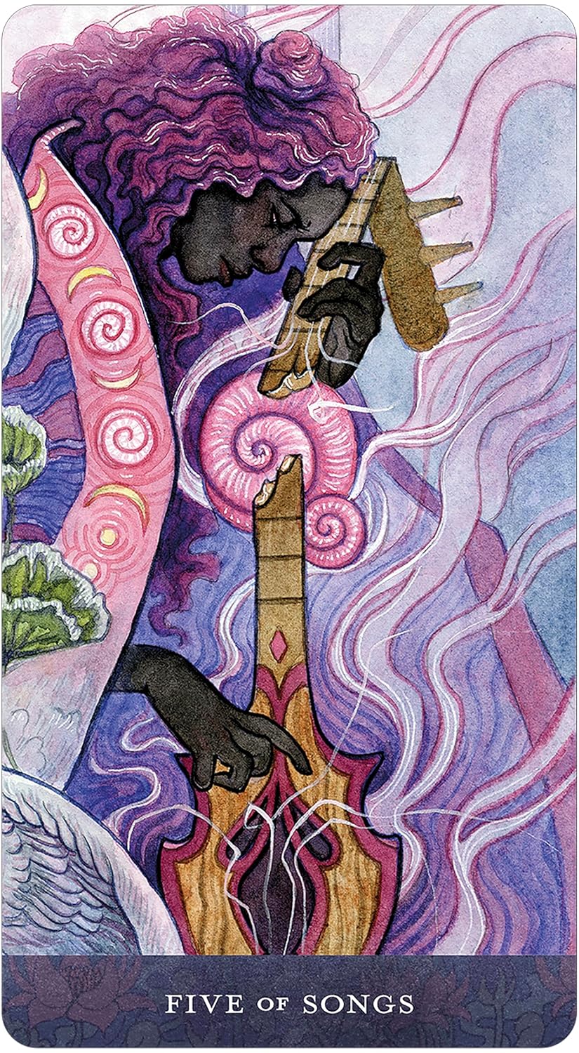 Card from a tarot deck featuring a person with purple hair playing a guitar against a colorful, abstract background.