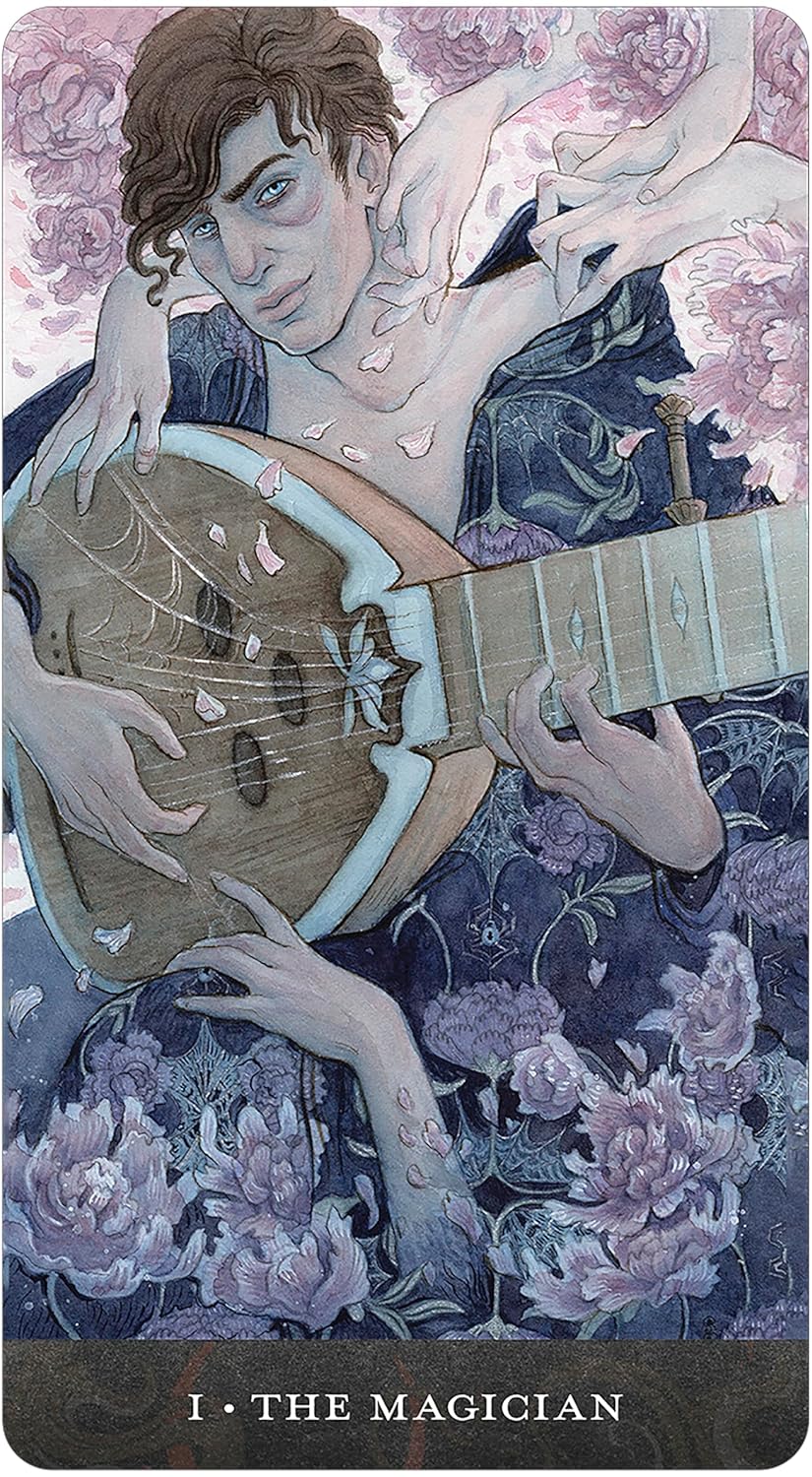 Card featuring a person playing a lute with floral and celestial elements