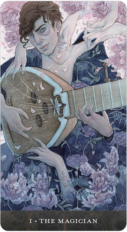 Card featuring a person playing a lute with floral and celestial elements