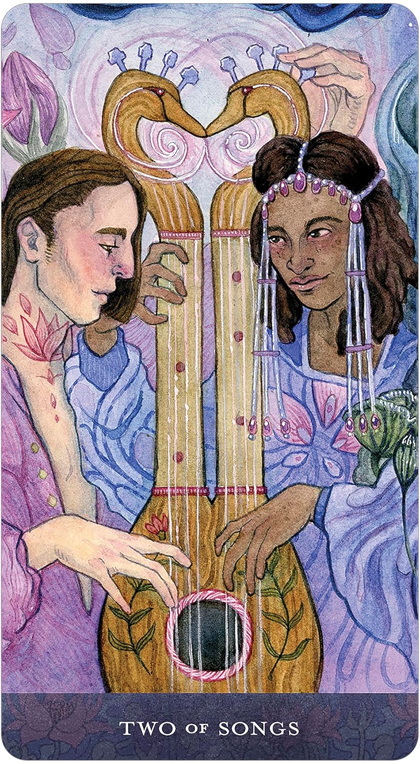 Card from a tarot deck featuring two people holding a lyre with floral designs.
