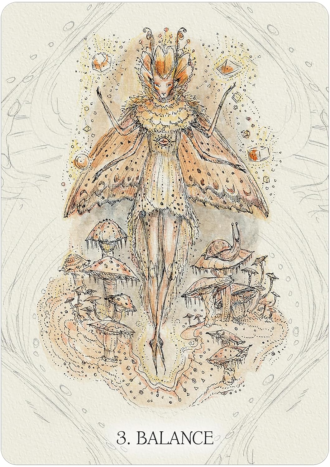 Illustration of a fairy-like figure with wings and a staff, surrounded by mushrooms on a beige background.