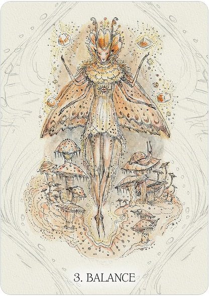 Illustration of a fairy-like figure with wings and a staff, surrounded by mushrooms on a beige background.