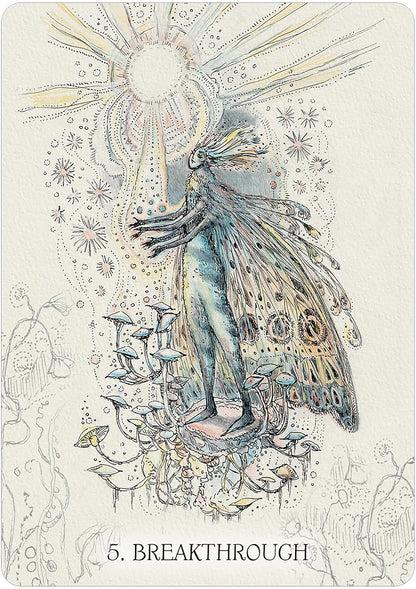 Illustration of a butterfly-like figure with wings spread, standing on a mushroom, against a starry sky.