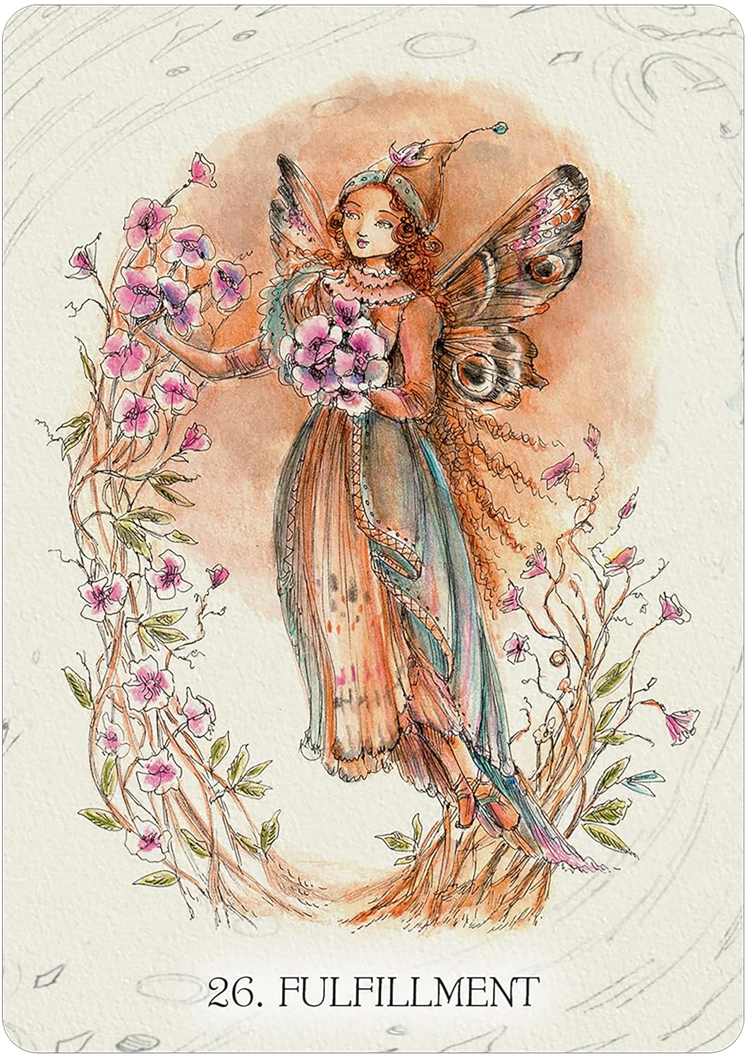 Fairy holding flowers with decorative elements on a card labeled &