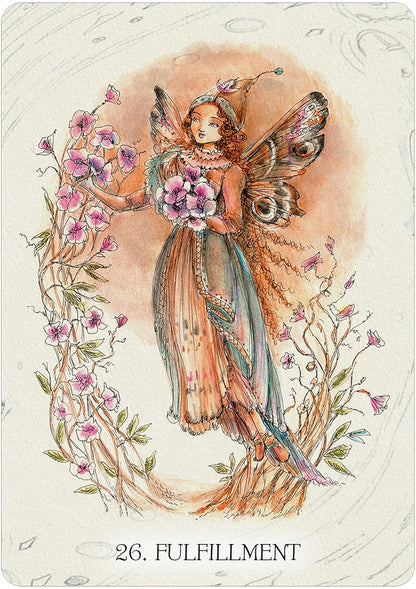 Fairy holding flowers with decorative elements on a card labeled &