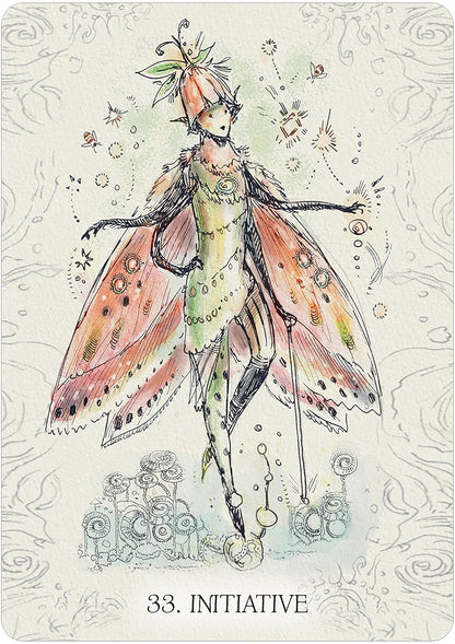 Illustration of a fairy with colorful wings on a decorative background, labeled &