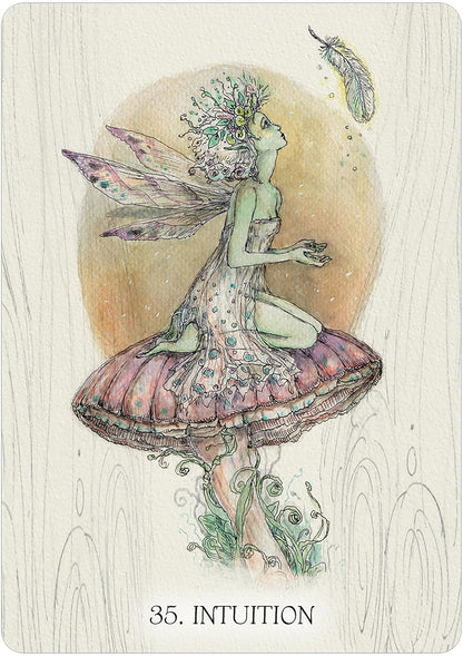 Fairy with a floral headpiece and butterfly wings against a wooden background, labeled &