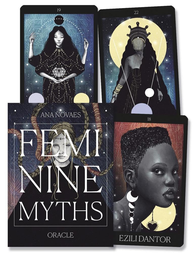 Set of tarot cards featuring women with celestial designs and &