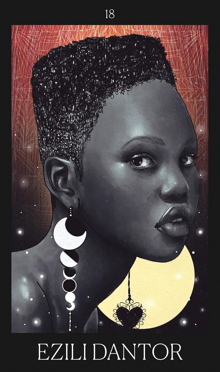 Illustration of a woman with a stylized hairstyle and earrings against a red background, with &