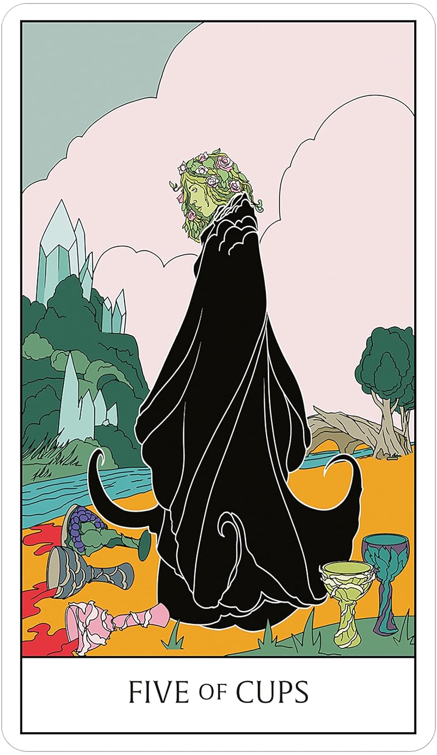 Tarot card featuring a figure in a black robe with a colorful landscape and &