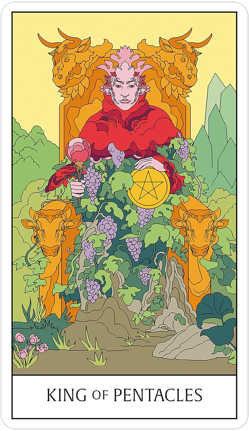 King of Pentacles tarot card with a person in red robes holding a pentacle symbol, surrounded by nature elements.
