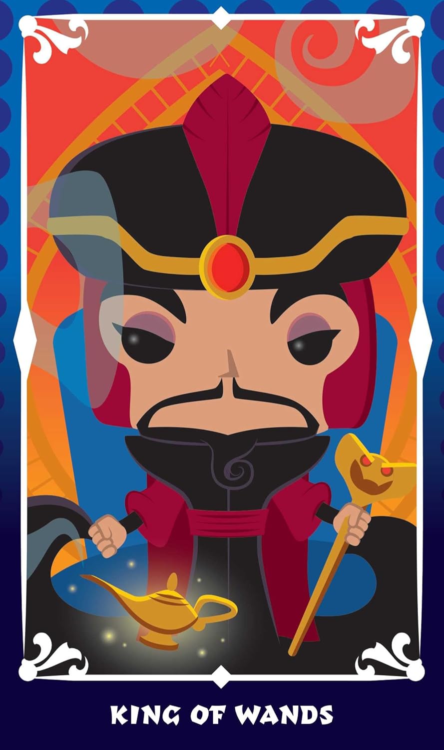 King of Wands tarot card with a character holding a lamp and staff against a colorful background.