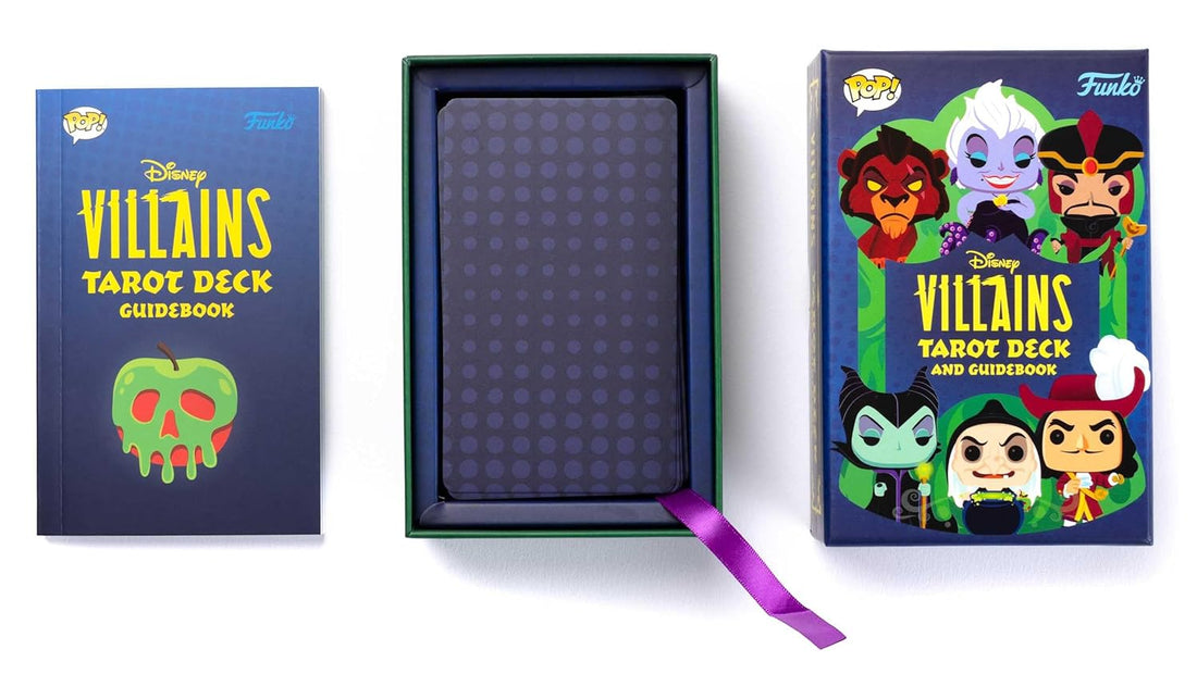 Disney Villains Tarot Deck with guidebook and box on a white background