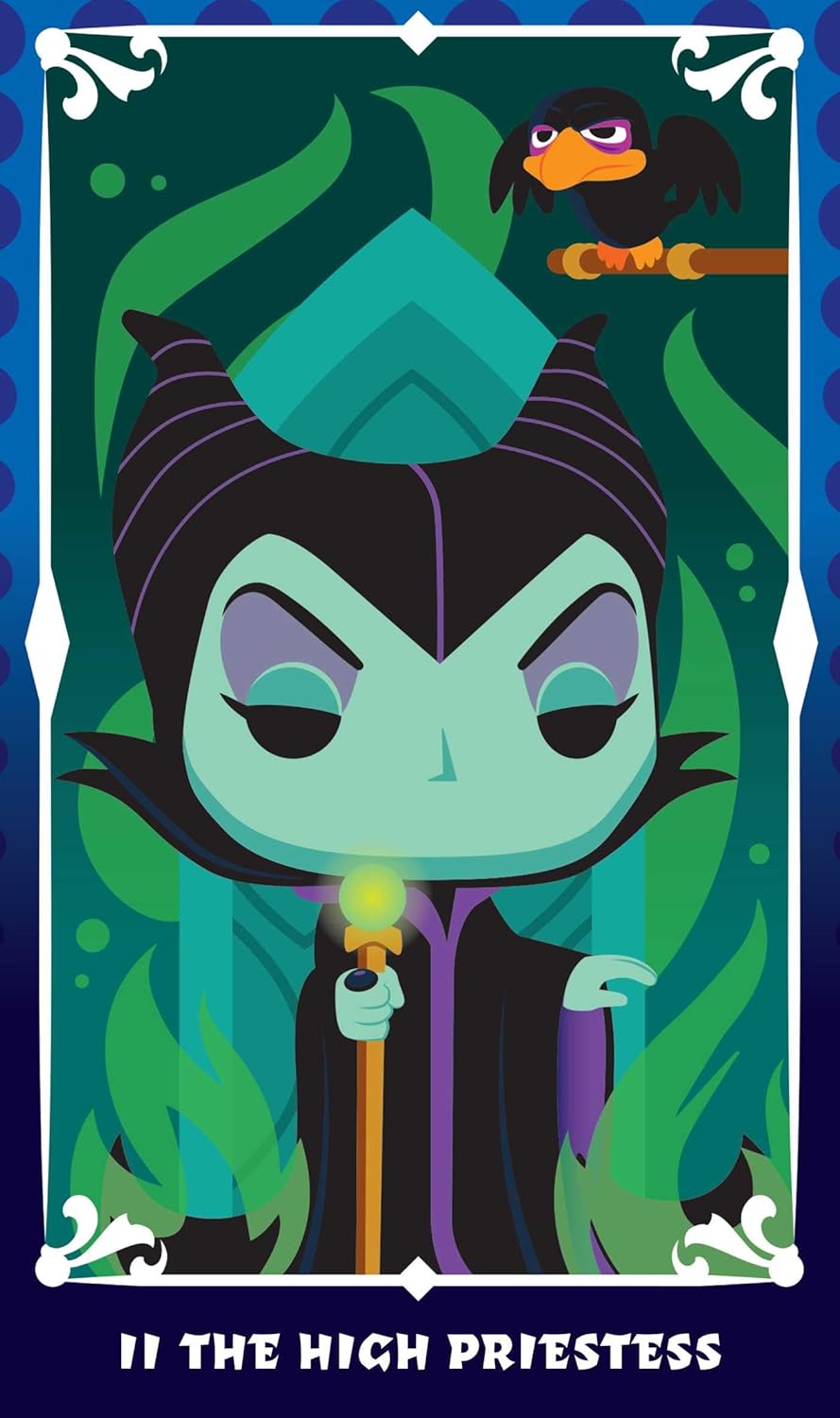 Cartoon character with a blue robe and staff, sitting on a throne with a bird above, on a tarot card design.