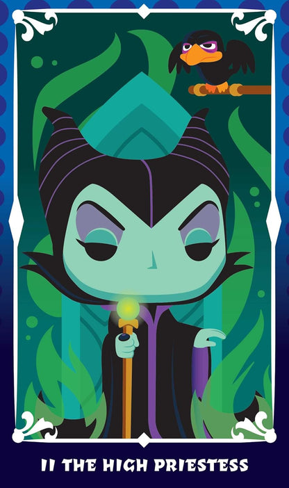 Cartoon character with a blue robe and staff, sitting on a throne with a bird above, on a tarot card design.