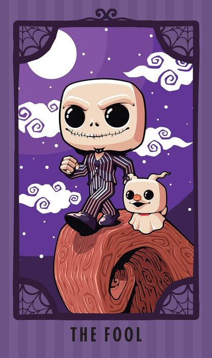 Cartoon skeleton character with a dog on a pumpkin, against a purple night sky with clouds, labeled &
