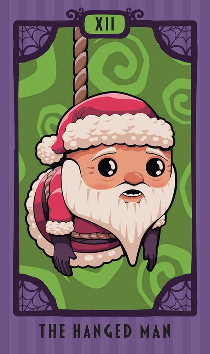 Cartoon Santa Claus figure on a tarot card design with green and purple background