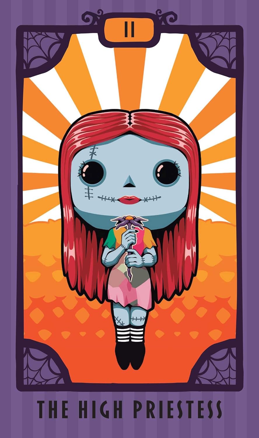 Illustration of a character with red hair and skeleton face on a tarot card-style background.