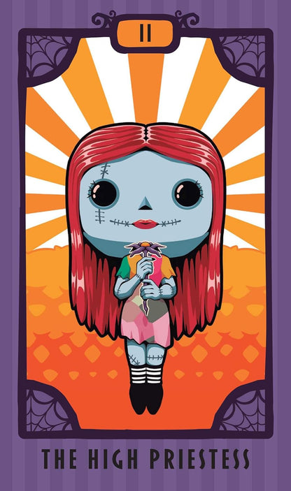 Illustration of a character with red hair and skeleton face on a tarot card-style background.