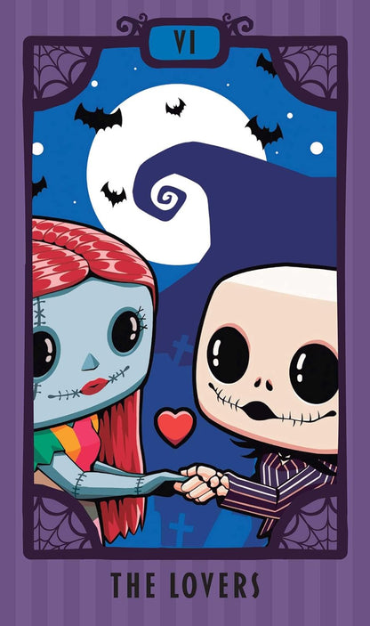 Cartoon characters holding hands with a heart and a purple border, labeled &