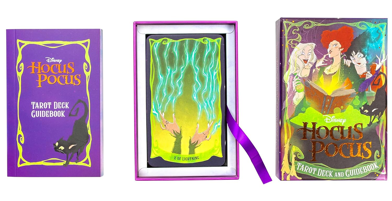 Disney Hocus Pocus Tarot Deck with guidebook and card, featuring colorful design and characters.