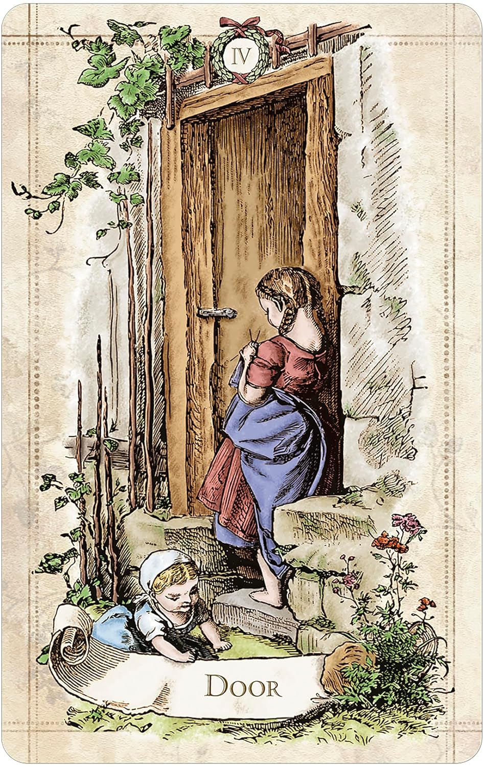 door with a toddler and a kid perched outside