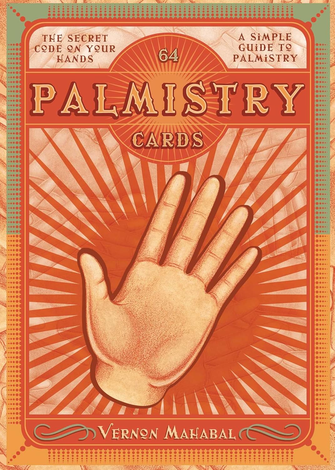 Palmistry card deck cover with a hand illustration and text about palmistry.