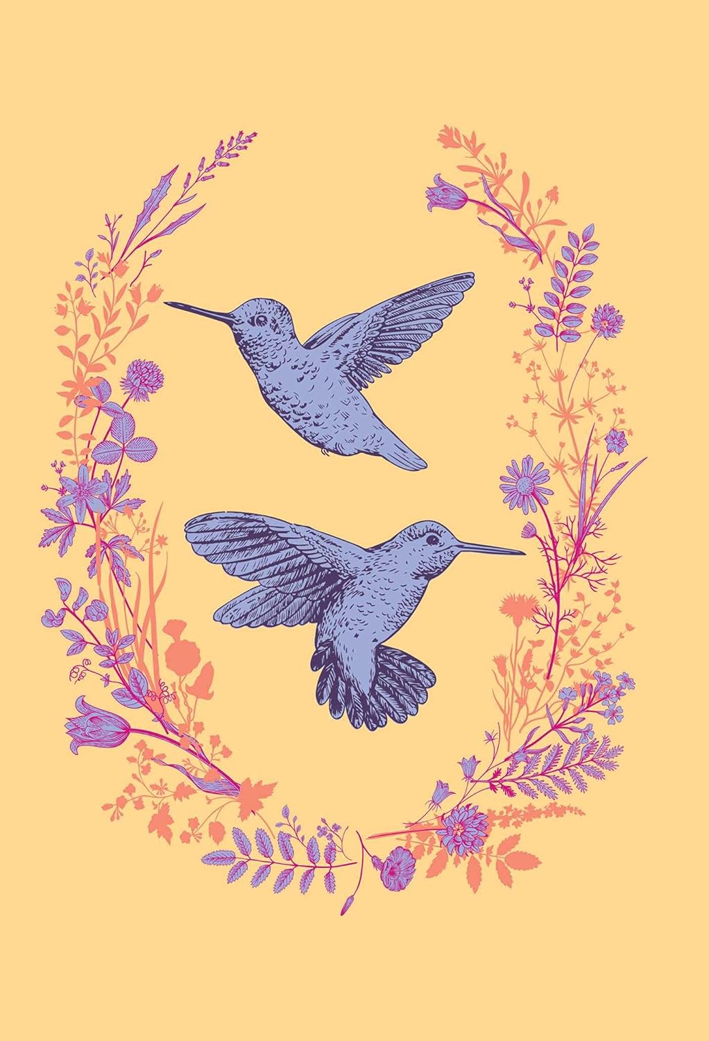 Two blue hummingbirds surrounded by purple and pink flowers on a yellow background