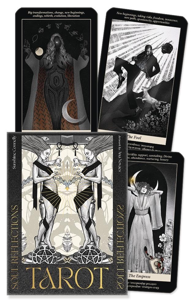 Set of tarot cards with black and white illustrations on a white background