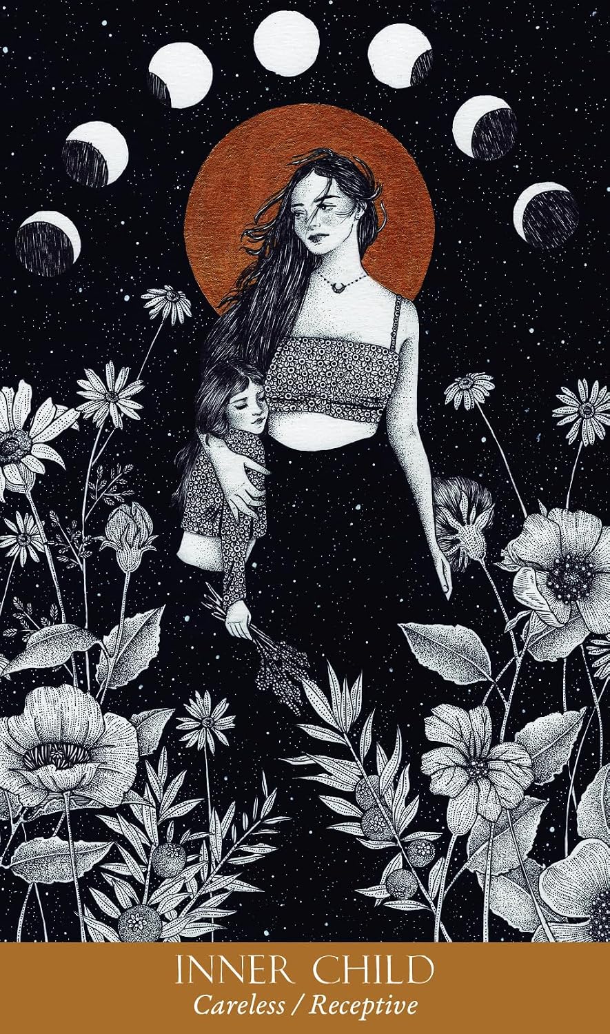 inner child card with moon phases and a mother and child
