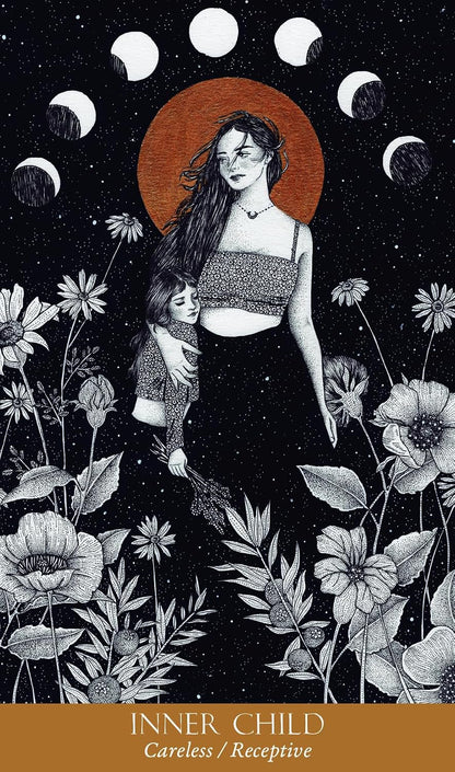 inner child card with moon phases and a mother and child