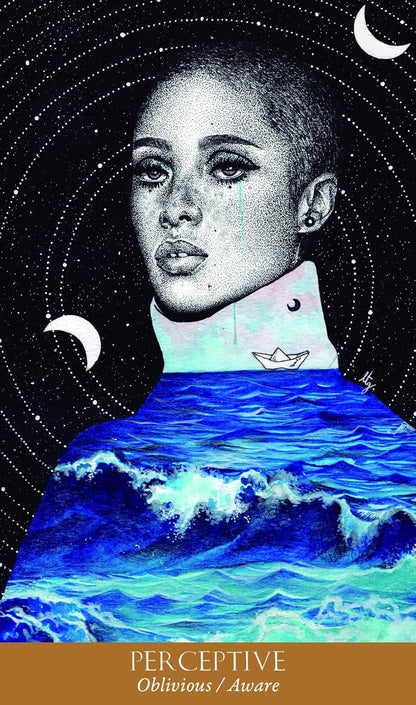perceptive card with two moons and a person