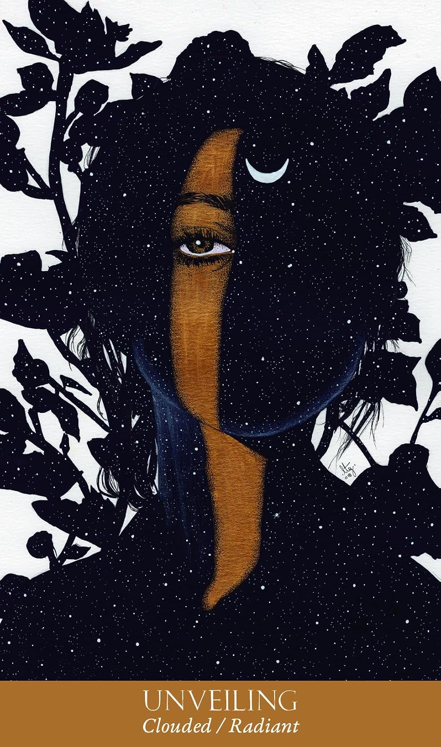 unveiling with a crescent moon and flower and galaxy