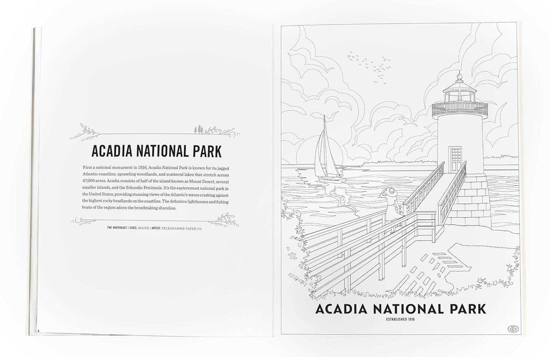 Acadia National Park coloring book page with lighthouse illustration and text.