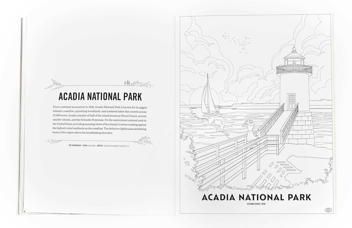 Acadia National Park coloring book page with lighthouse illustration and text.