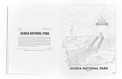 Acadia National Park coloring book page with lighthouse illustration and text.