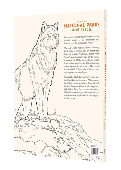 Coloring book page with a wolf illustration and text about National Parks coloring book.