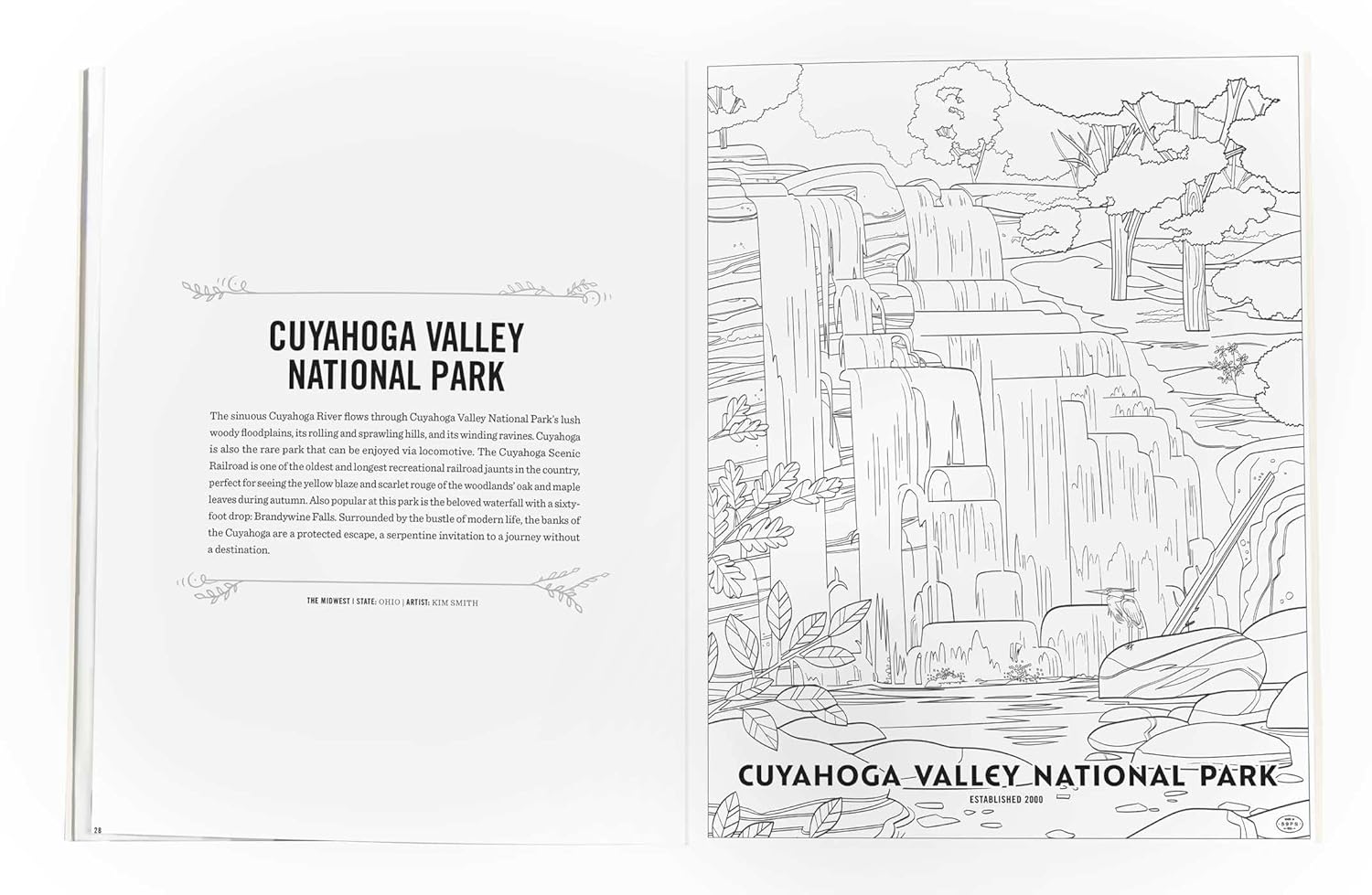 Coloring book page for Cuyahoga Valley National Park with a landscape illustration and text.