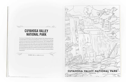 Coloring book page for Cuyahoga Valley National Park with a landscape illustration and text.