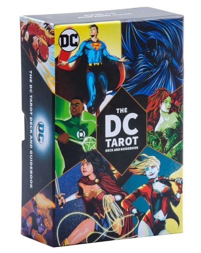 DC Tarot card set packaging with superhero illustrations on a white background
