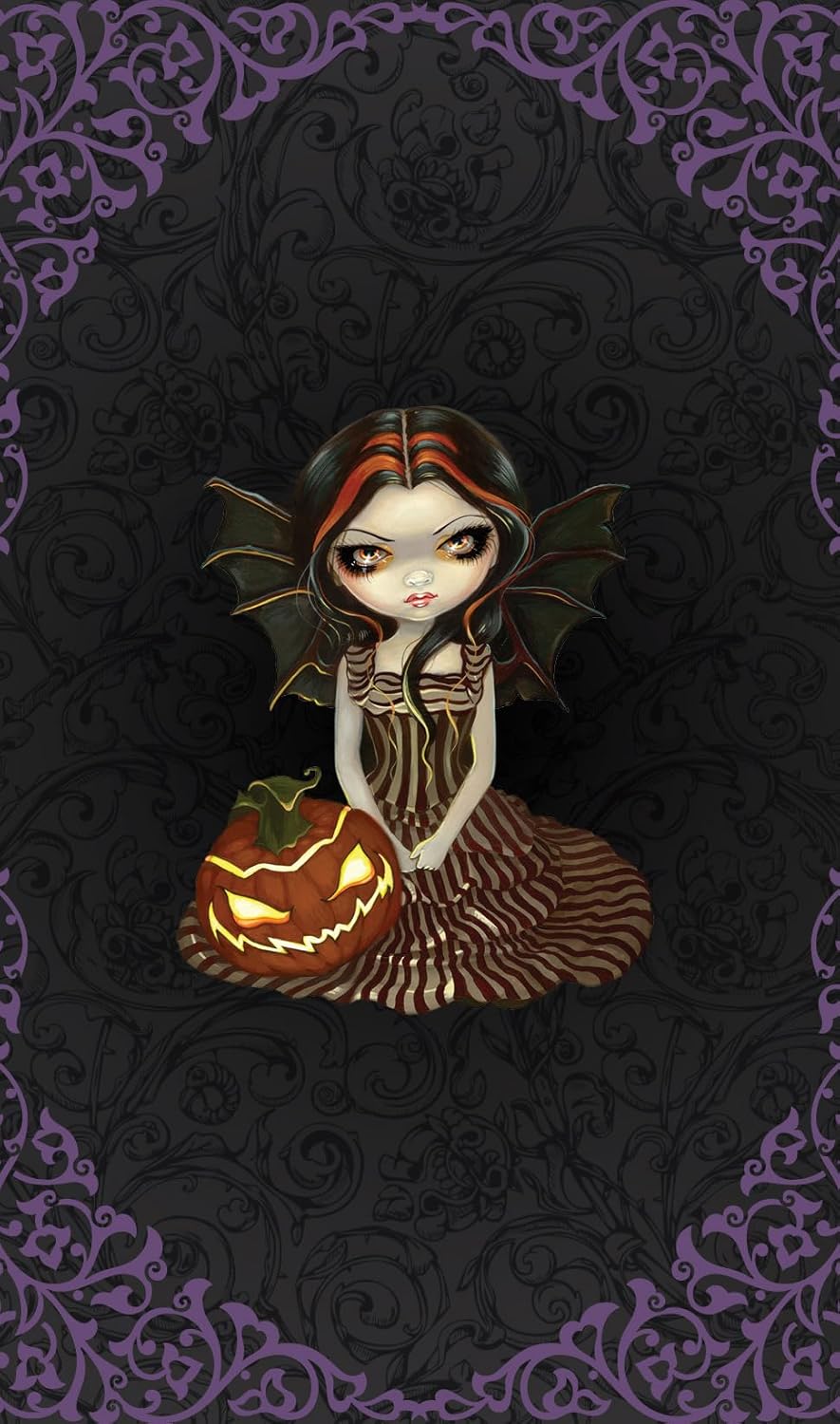 Gothic-style illustration of a fairy with a pumpkin on a dark background