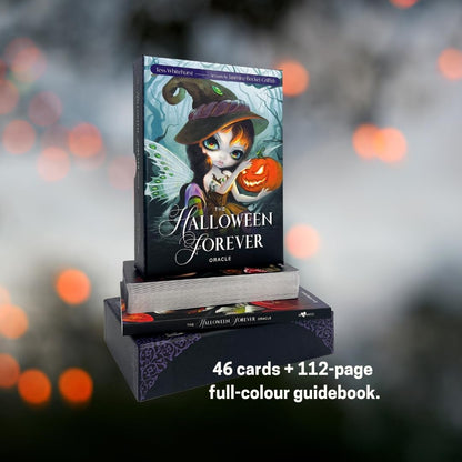 Halloween-themed oracle book with colorful cover and text on a blurred background