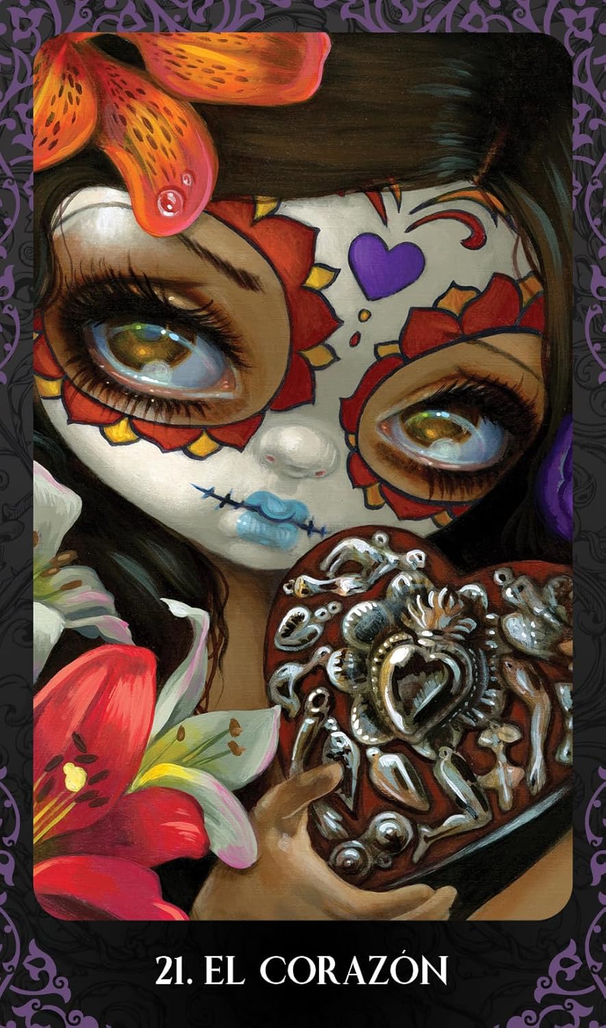 Artistic depiction of a face with colorful makeup and floral elements, holding a heart with intricate designs, on a dark background.