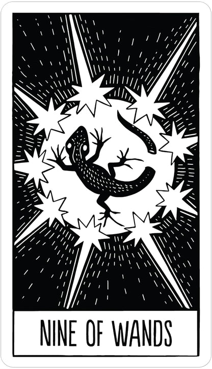 Nine of Wands tarot card with black and white design