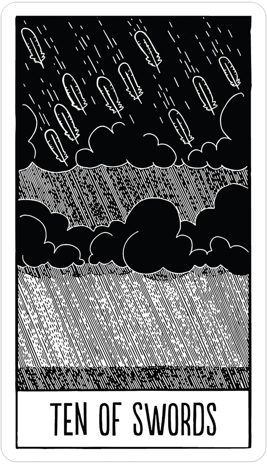 Tarot card featuring a stormy sky with swords falling, labeled &
