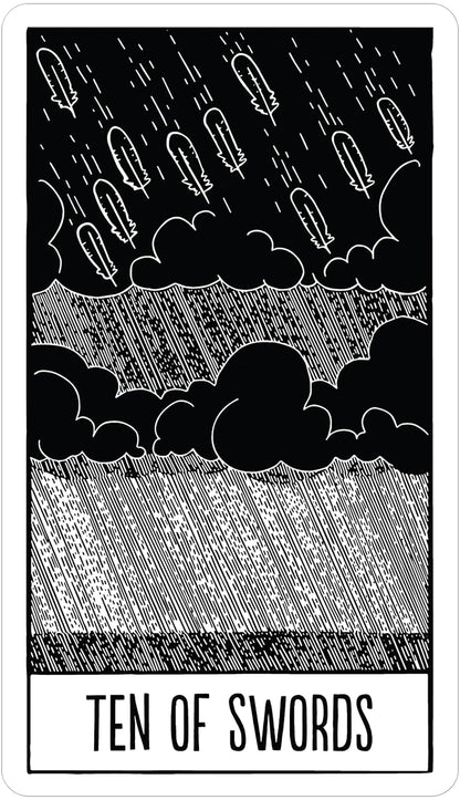 Tarot card featuring a stormy sky with swords falling, labeled &
