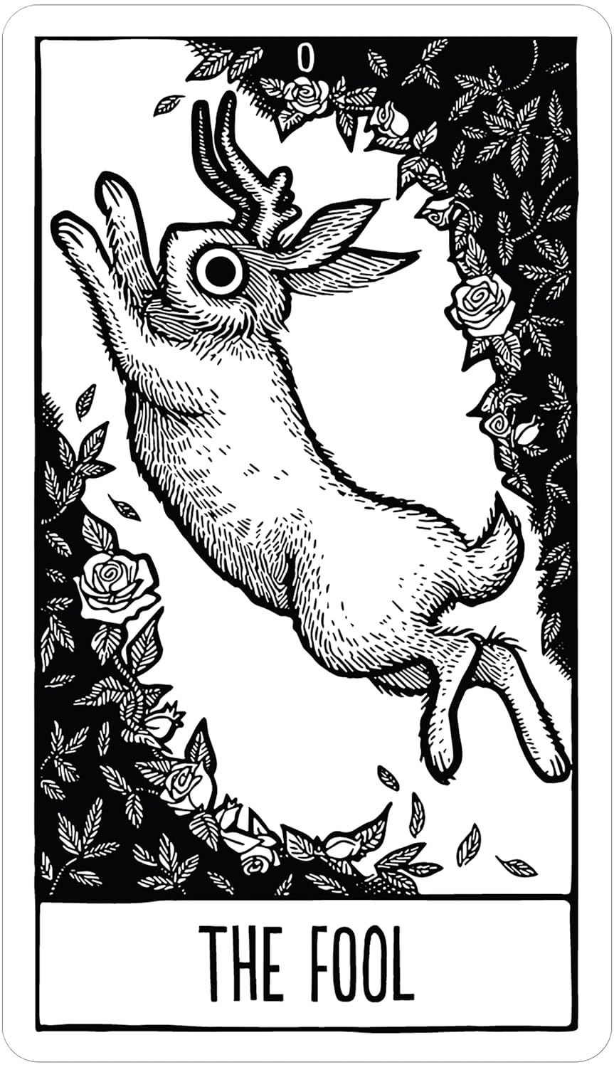 Black and white illustration of a stag with roses, labeled &